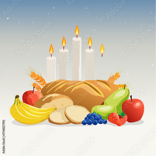 Festive harvest bounty with freshly baked bread, an array of colorful fruits, and warm candlelight, symbolizing gratitude