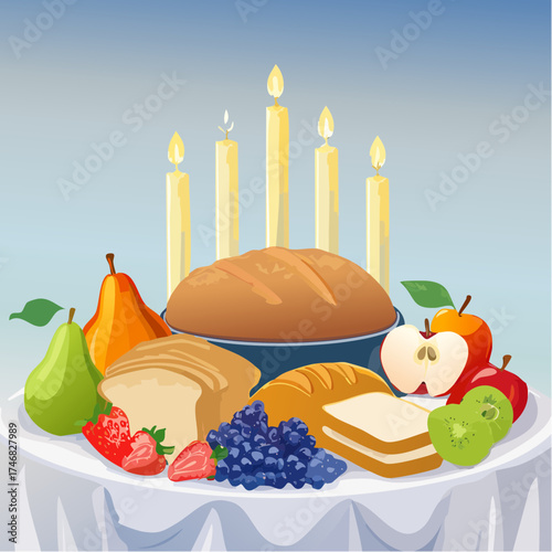 A Festive Feast of Bread, Fruits, and Candles on a Table An Illustration