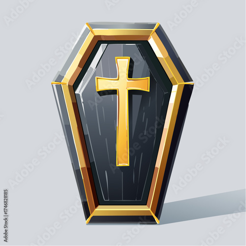 Cartoon Coffin Illustration with Golden Cross - Death and Burial Concept