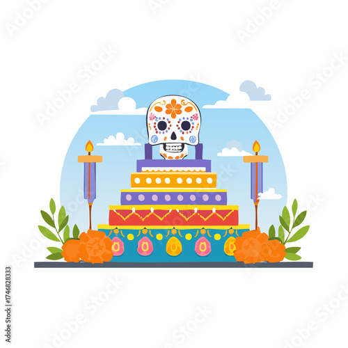 Traditional Day of the Dead altar with a colorful sugar skull and marigolds