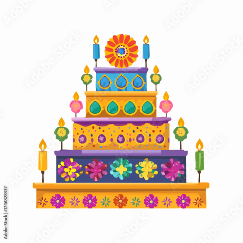 Traditional Mexican Day of the Dead Ofrenda Altar with Colorful Decorations and Candles