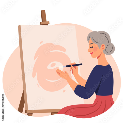 Retired woman painting canvas. Senior lady creating art with brush. Older woman painting picture in studio. Elderly woman doing acrylic painting. Elderly set