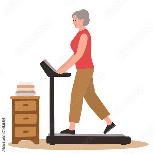 Elderly woman on treadmill. Senior lady exercising at gym. Older woman walking on treadmill machine. Retired woman doing cardio workout. Elderly set