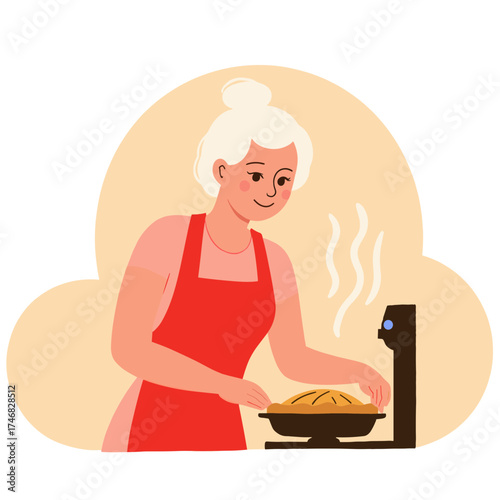 Elderly woman baking pie. Senior lady making homemade apple pie. Older woman preparing fresh pie dough. Retired woman smiling in kitchen. Elderly set
