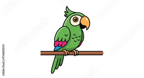 A vibrant green parrot perched on a wooden branch looking attentively to the right.
