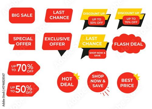 Red and yellow promotional sale labels set – discount tags and special offer badges for marketing and retail.