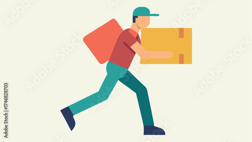An icon of a delivery person carrying a large box depicted in a forward motion to convey quick service.
