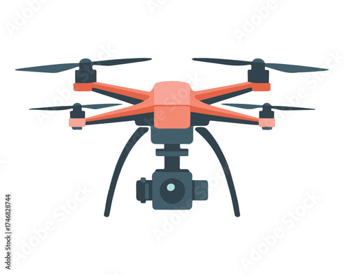 Modern orange drone with camera gimbal and propellers isolated on a white background
