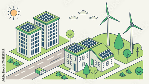 Sustainable city living featuring solar panels and wind turbines for clean energy, promising a greener future with eco-friendly technologies, modern design.
