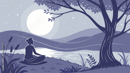 Peaceful meditation scene with woman practicing yoga under a luminous moonlit sky, serene landscape for mindfulness and relaxation, vector art
