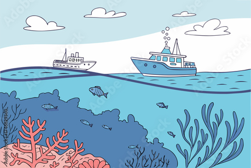 Whimsical ocean scene with fishing boats and colorful coral reefs teeming with fish, perfect for children's books and nautical themed designs