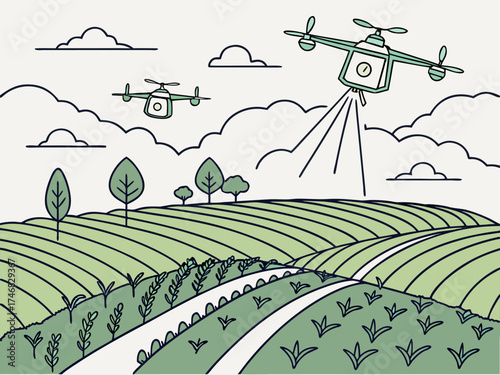 Modern farming with drones over green fields, envisioning a sustainable and efficient agriculture future with innovative technology solutions today!