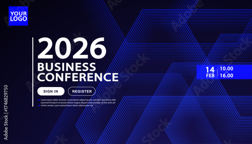A landing page template for a technology or engineering conference. A dark, futuristic background with an abstract geometric hexagonal pattern. A modern UI design for a high-tech event website.