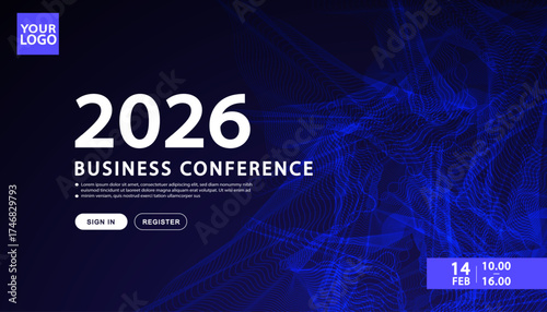 A website landing page template for a business or tech conference. A modern user interface (UI) with register and sign in buttons on a dark abstract background with digital waves.