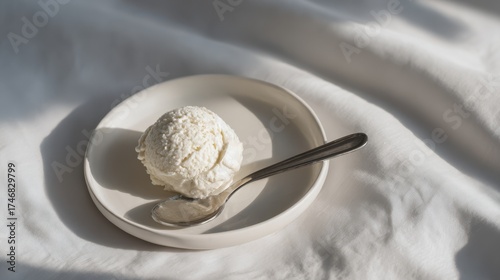 Ice cream scoop resting on a small plate, simple background with soft shadows, elegant food photography