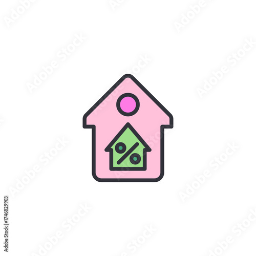 Pink house icon with certificate, representing verified property, trusted housing agency, or official ownership documentation for real estate deals.