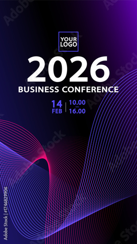 A technology summit event poster template. A futuristic abstract background with digital wave lines. A professional layout for a science or tech conference with a placeholder for a logo and text.