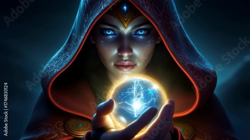 Mysterious sorceress with glowing orb, dark fantasy art