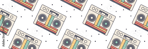 Seamless retro boombox pattern with colorful vintage radios and dotted background, ideal for nostalgic music themes, wrapping paper, fabric design, and retro pop art illustrations.