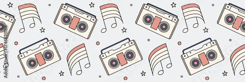 Retro music seamless pattern with cassette tapes, notes, and stars in soft pastel colors, perfect for vintage backgrounds, fabric design, wrapping paper, and nostalgic pop art decor.