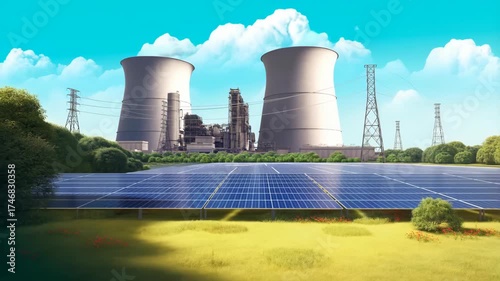 Solar farm and industrial cooling towers under a bright sky