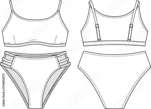 Bikini set flat sketch, front and back view, women’s swimwear design, fashion apparel illustration, garment construction technical drawing template