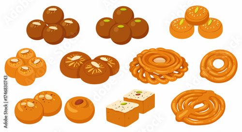 Assortment of illustrated Indian sweets and desserts on a white background