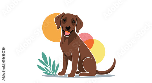 Happy brown dog sitting with colorful circles and green leaves.