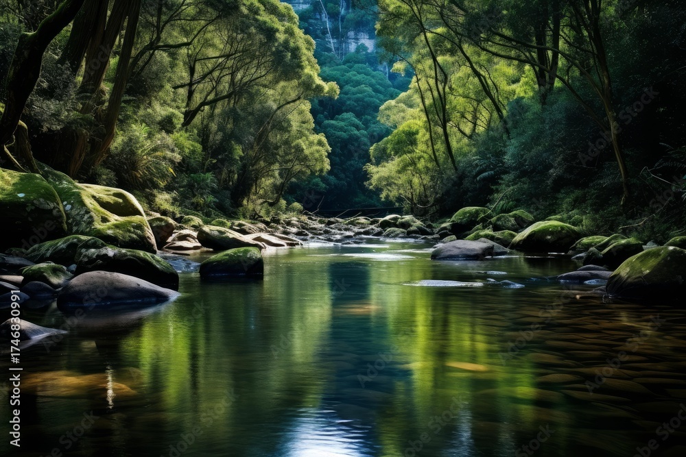 Naklejka premium Tranquil river flowing through a vibrant green forest, creating a serene and picturesque landscape