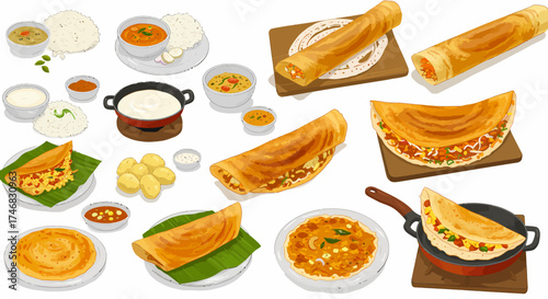 Assortment of South Indian dishes featuring various dosas rice curries and accompaniments