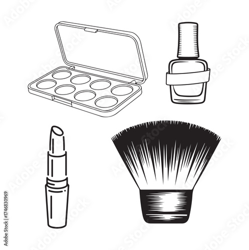 Makeup Essentials Silhouette Vector Set, Cosmetic Line Art Icons Collection.