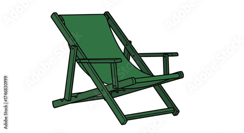 A green canvas deck chair unfolds for outdoor relaxation and lounging.