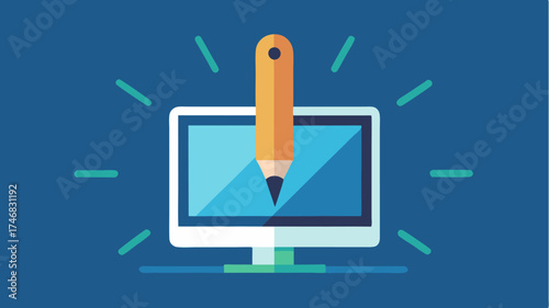 An icon of a stylus pen hovering above a digital monitor with beams of light radiating from the screen to illustrate creativity in a digital environment.