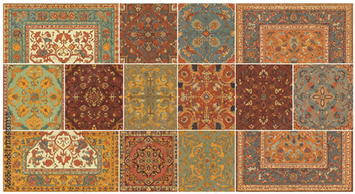 A collage of fifteen distinct antique Persian rug and textile patterns