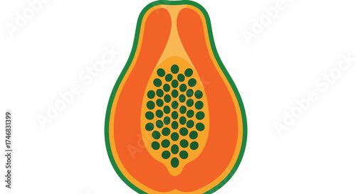 A vibrant illustration of a ripe papaya fruit sliced in half revealing its orange flesh and many black seeds.