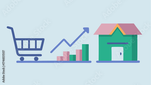A splitscreen illustration of a traditional store and a modern online shopping cart with a rising trend line connecting them symbolizing the shift to ecommerce.