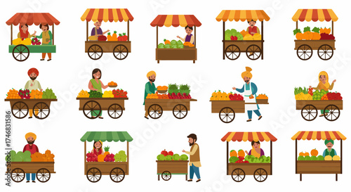 Diverse vendors selling produce from mobile wooden carts in a row