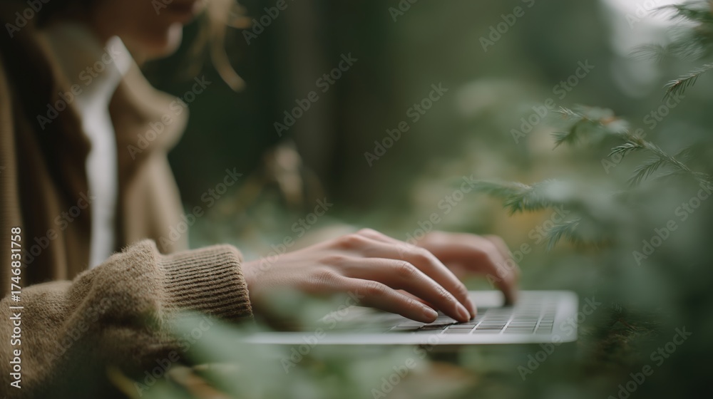 Obraz premium Person's hands typing on a laptop keyboard. the person is wearing a beige sweater and is sitting in front of a blurred background of greenery.