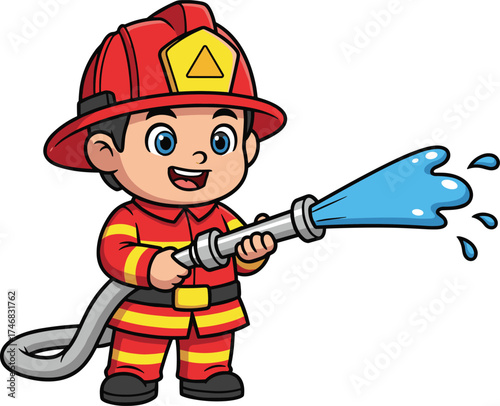 Cartoon child firefighter spraying water, red helmet uniform, heroic emergency scene, fire safety illustration, white background vector for kids education