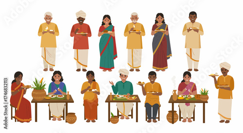 Group of South Asian people standing and sitting holding or eating food plates