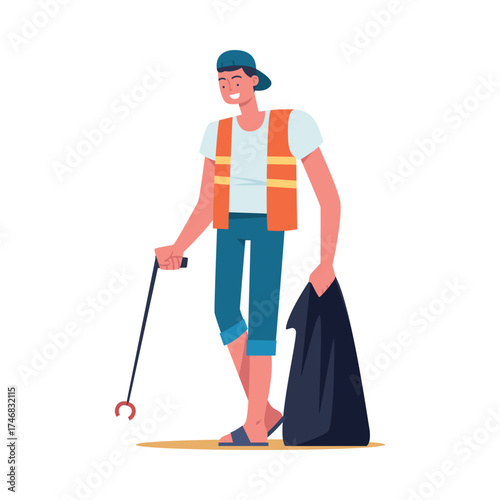Man Character in Vest Collecting Garbage on Beach in Bag Vector Illustration