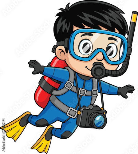 Cartoon scuba diver underwater, blue wetsuit, red tank, yellow flippers, camera gear, snorkeling mask, vector art, white background, exploration