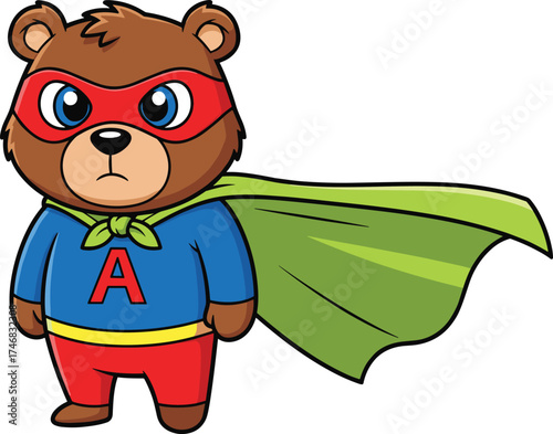 Cartoon superhero bear character, red mask and cape, bold stance, green bow outfit, kids adventure theme, white background vector illustration