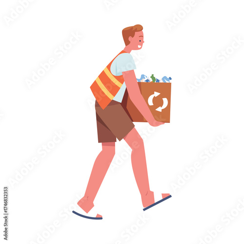 Man Character Collecting Garbage on Beach Carry Box with Bottle Vector Illustration