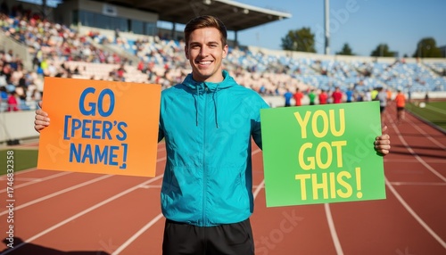 Young Male Enthusiastically Supporting Peers at a Sporting Event with Custom Signs Outdoor