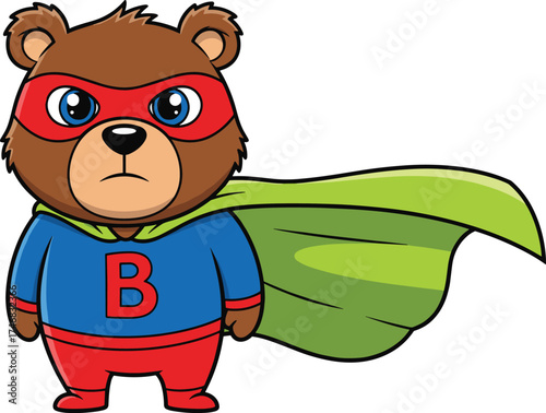 Cartoon superhero bear character, red mask and cape, standing pose, serious expression, kids adventure theme, white background vector illustration