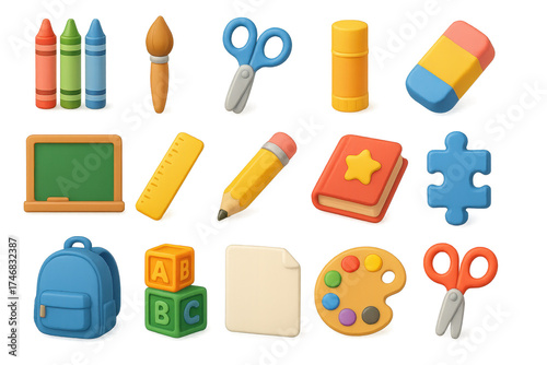 3D Classroom Icons. Classroom basics icons in 3D color style: crayons, paintbrush, scissors, glue stick, chalkboard, ruler, pencil, eraser, backpack,