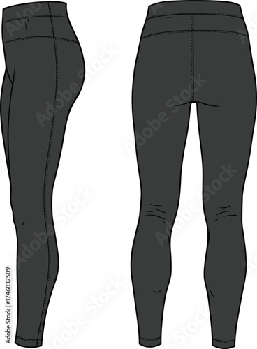 Black leggings side and back view, high waist design, athletic fashion apparel, casual wear illustration, fitness clothing, women sportswear style