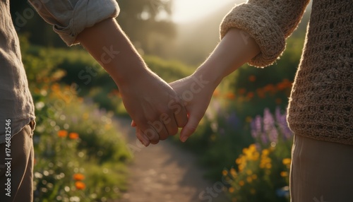 Two People Hold Hands Walking Along A Beautiful Path With Bright Sunlight Kissing Their Skin