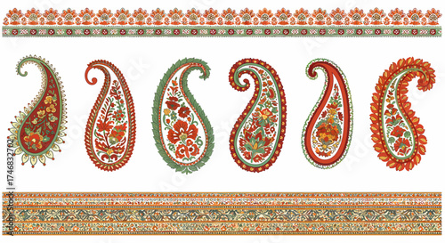 Indian paisley motifs and ornamental borders in red orange and green
